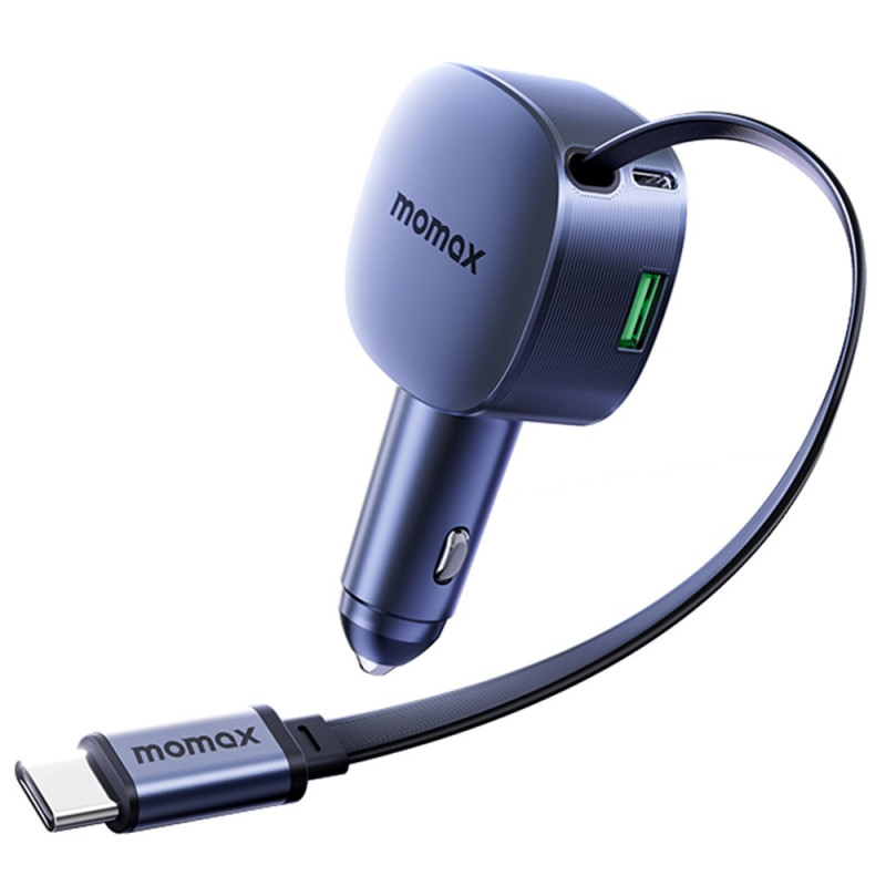 Cargador de coche doble puerto USB-A/C de 60 W con cable retráctil -MOMAX