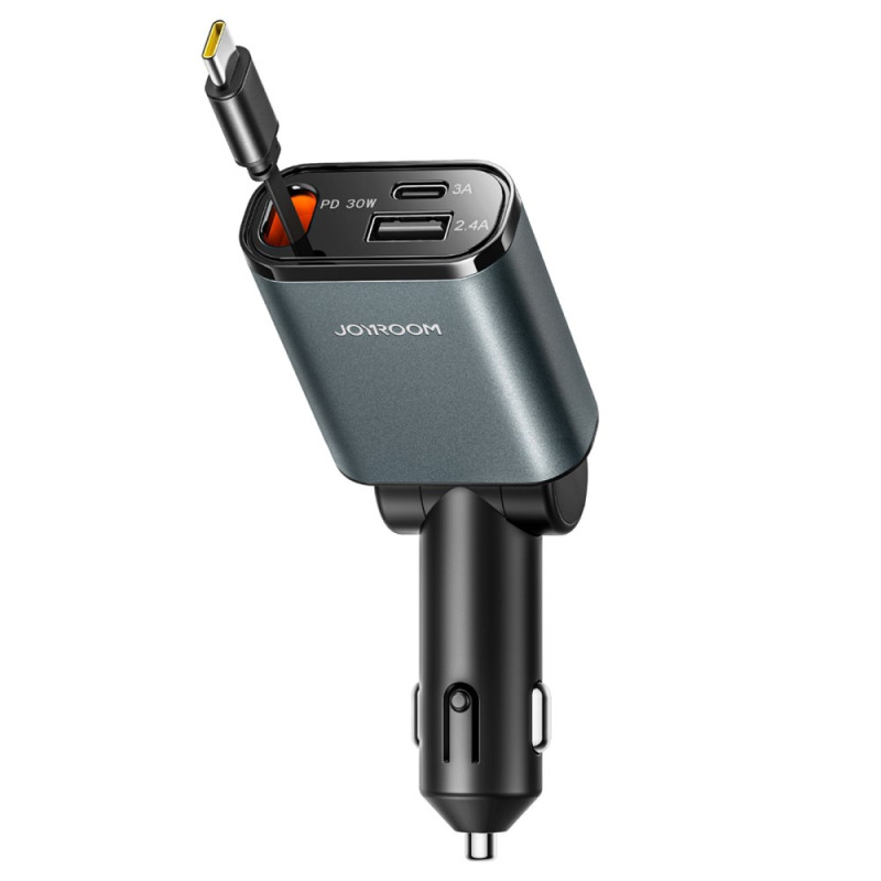 Cargador de coche 3 en 1 de 45 W con cable USB-C retráctil