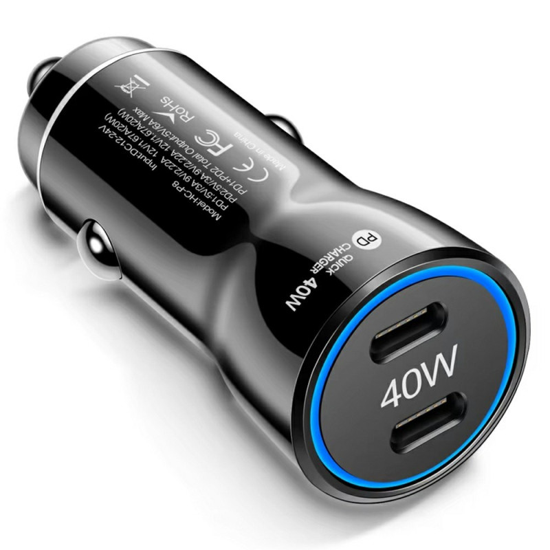 Cargador de coche doble USB-C de 40 W PD con anillo LED