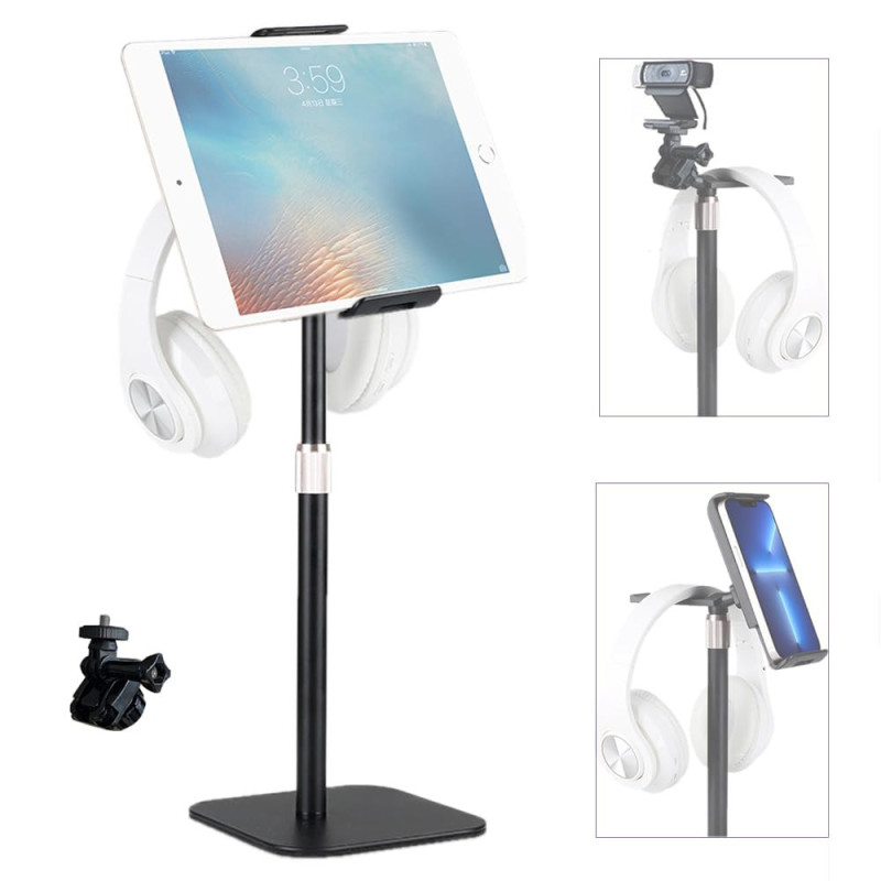 Soporte de escritorio ajustable para teléfono y tableta con soporte para auriculares