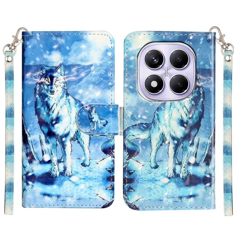 3D Snow Wolf Pattern Funda de cartera con solapa y colgante de mano para Xiaomi Redmi Note 15 / Poco M8 5G