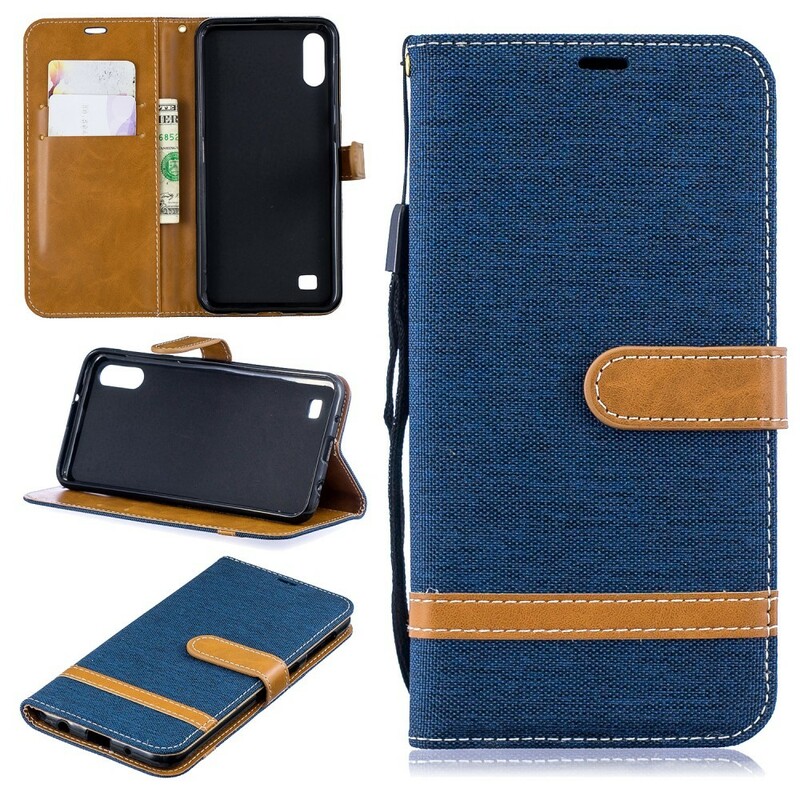 Funda con efecto de tela y cuero para Samsung Galaxy A10 con colgante