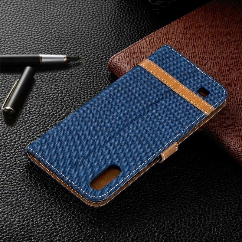 Funda con efecto de tela y cuero para Samsung Galaxy A10 con colgante