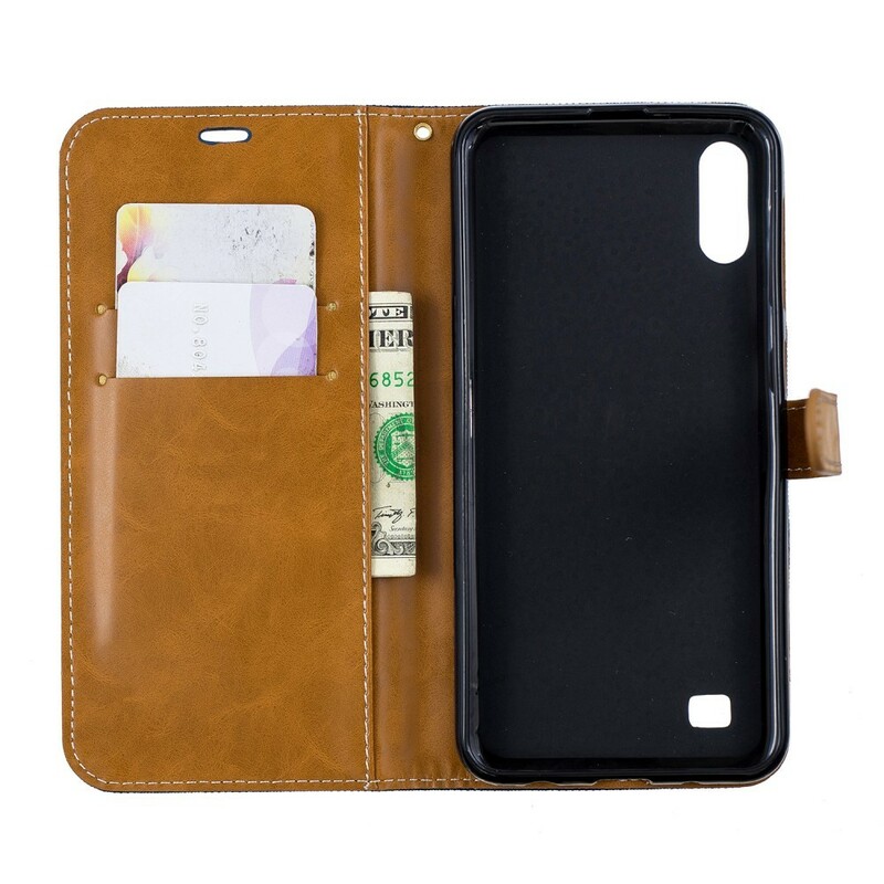 Funda con efecto de tela y cuero para Samsung Galaxy A10 con colgante