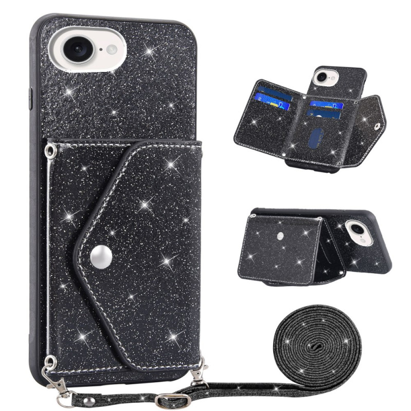 Funda rígida iPhone 17E / 16E Glitter Card Funda con bandolera