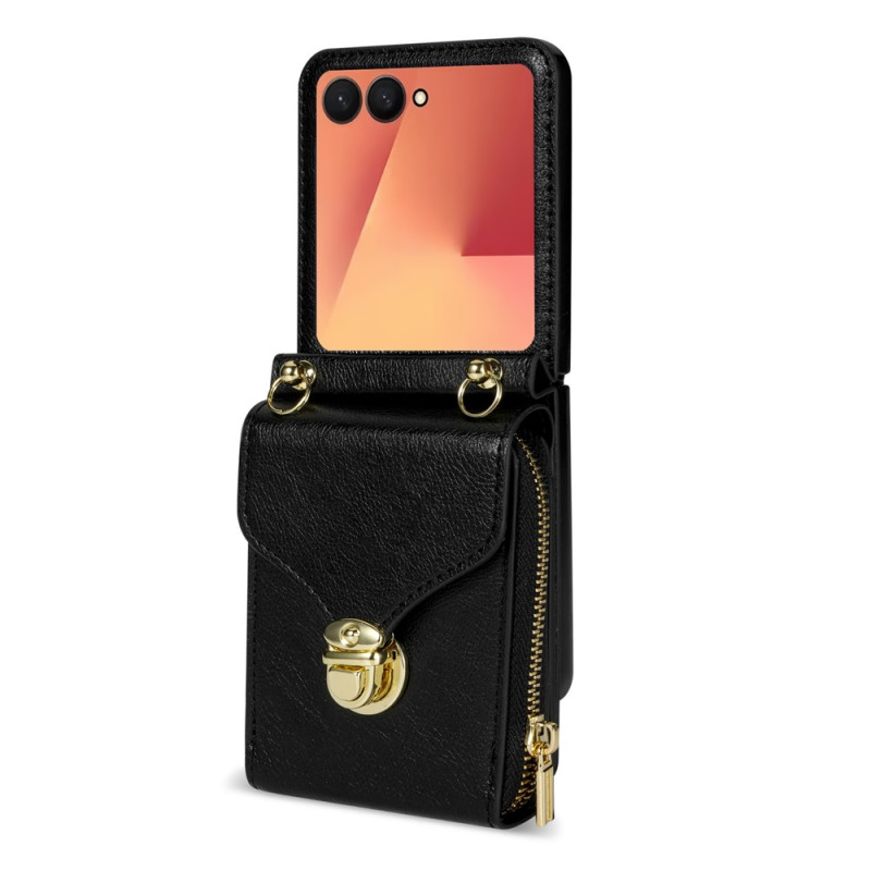 Funda tipo cartera para Samsung Galaxy Z Flip 8 con bolsillo con cremallera y colgante para el hombro