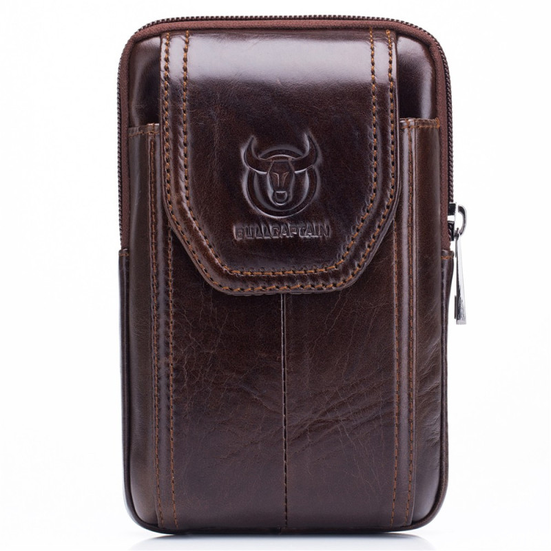 Bolso vertical de cuero auténtico con gancho, 16 × 11 × 3,8 cm, BULLCAPTAIN
