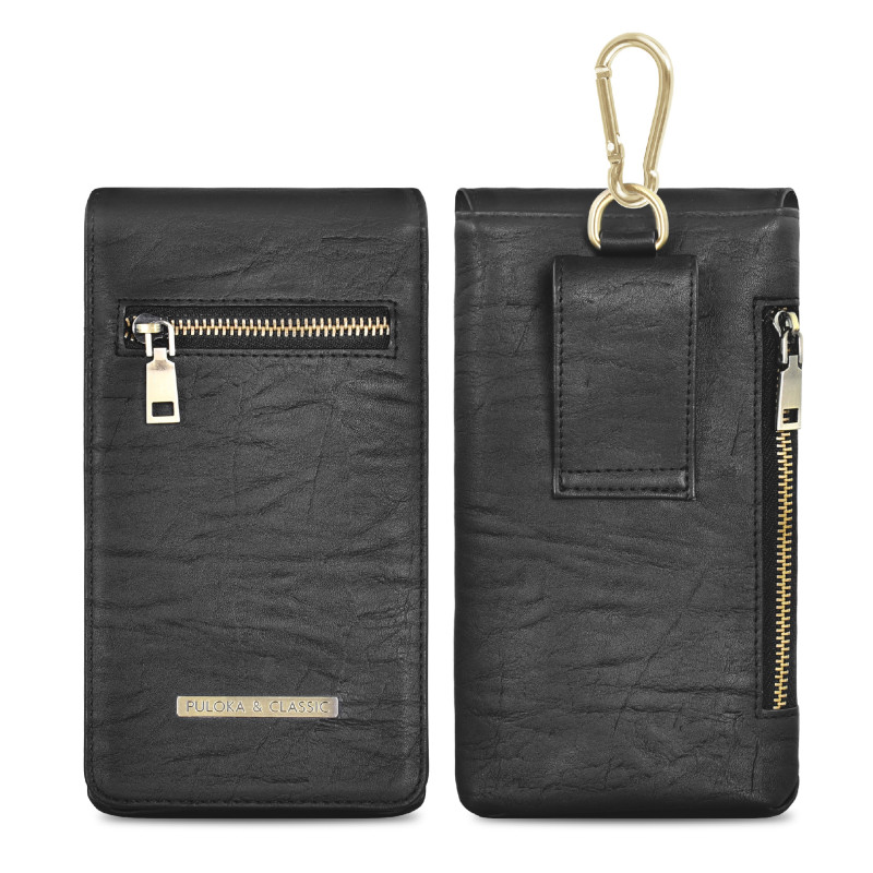 Funda vertical para el cinturón con dos bolsillos con cremallera para el móvil