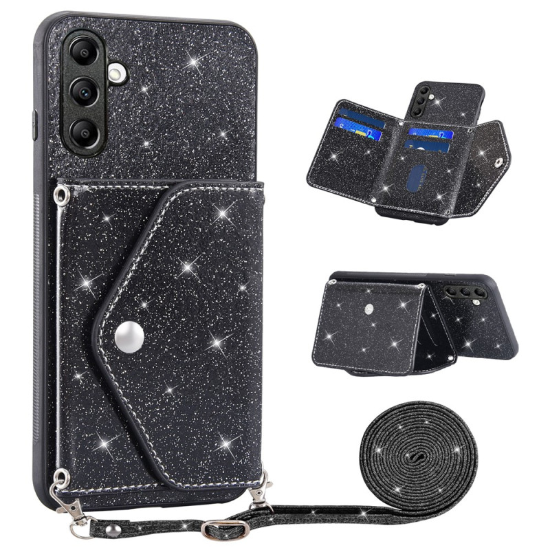 Funda para Samsung Galaxy S26 FE con compartimento para tarjetas, purpurina y colgante para el hombro