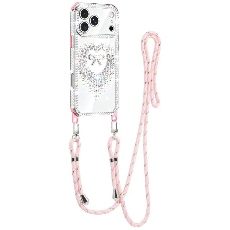 Funda con cordón para iPhone 18 Pro / 17 Pro con corazón y pedrería