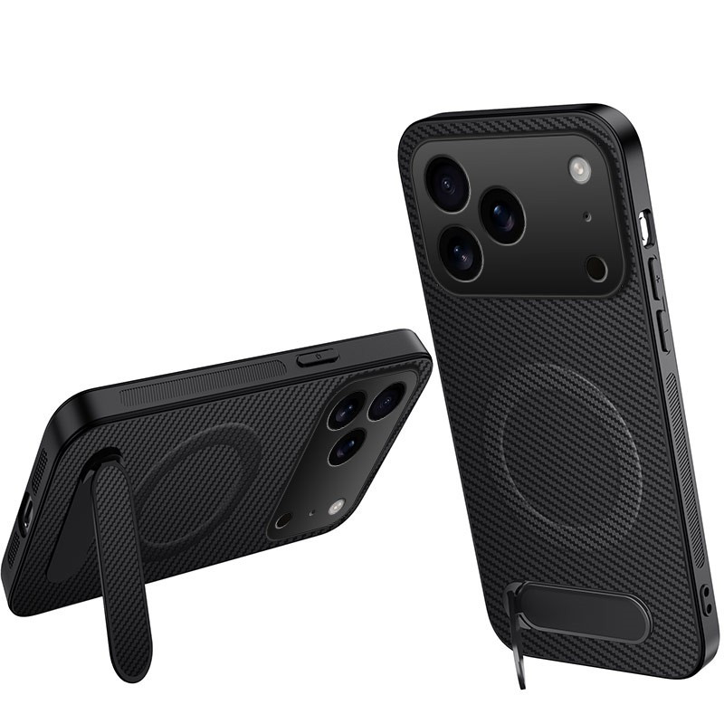 Funda magnética de fibra de carbono para iPhone 18 Pro con soporte