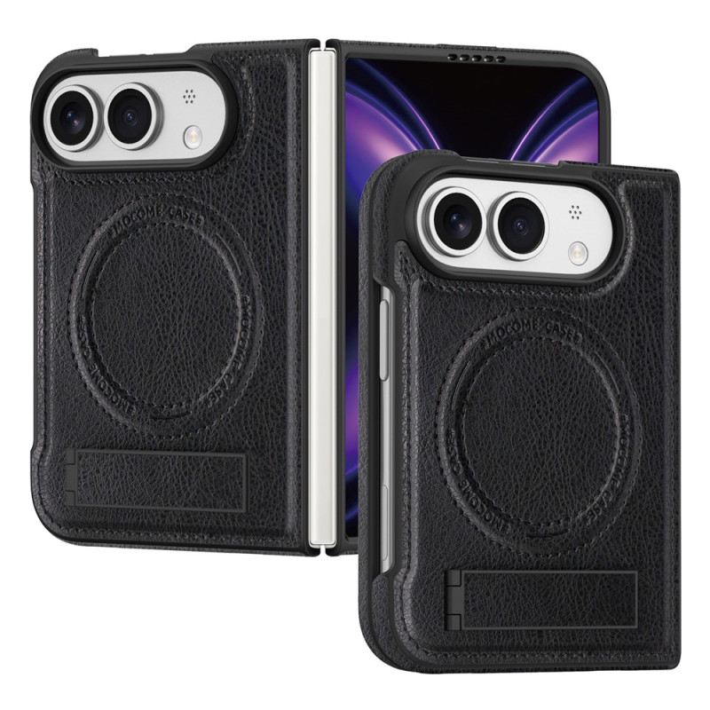 Funda magnética para iPhone Duo con efecto de cuero y soporte metálico