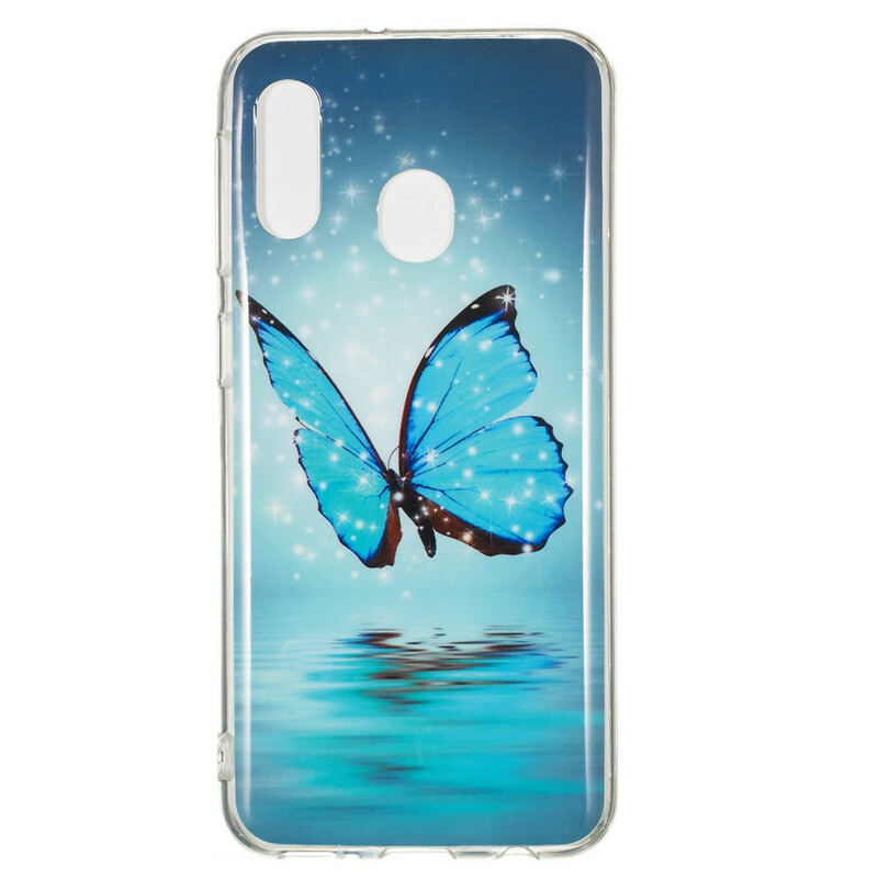Samsung Galaxy A20e Funda Mariposa Azul Fluorescente