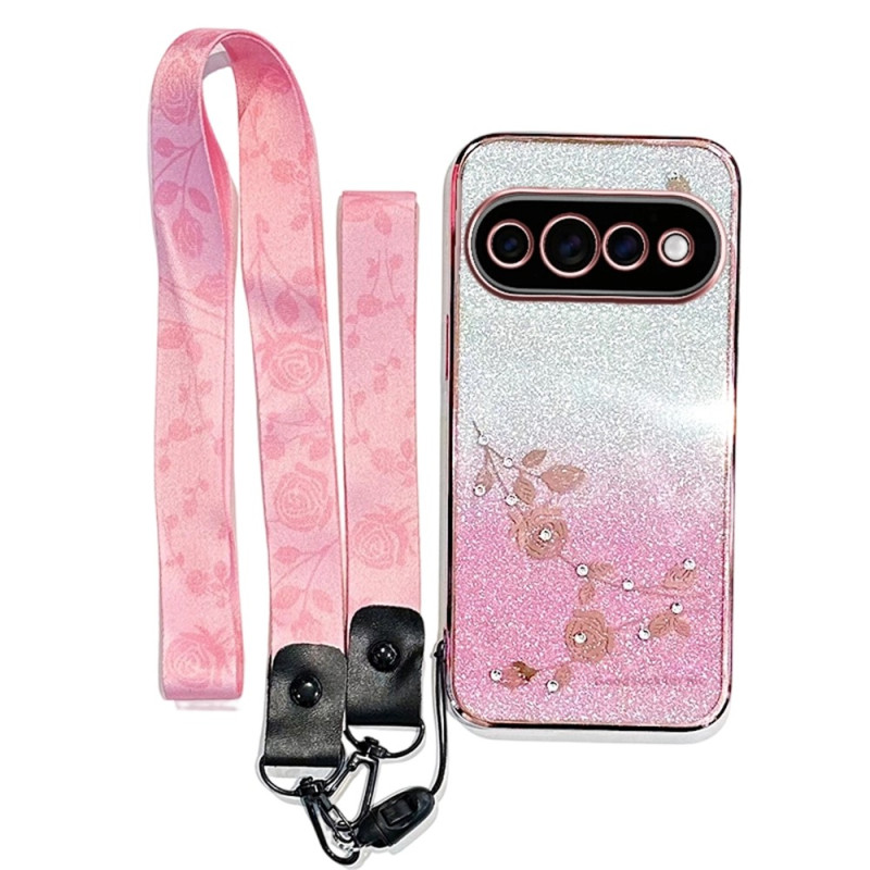 Funda para Google Pixel 11 Pro XL con flores y pedrería y cordón de KADEM