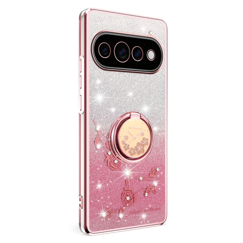 Funda para Google Pixel 11 Pro XL con flores y pedrería y anillo de sujeción de KADEM
