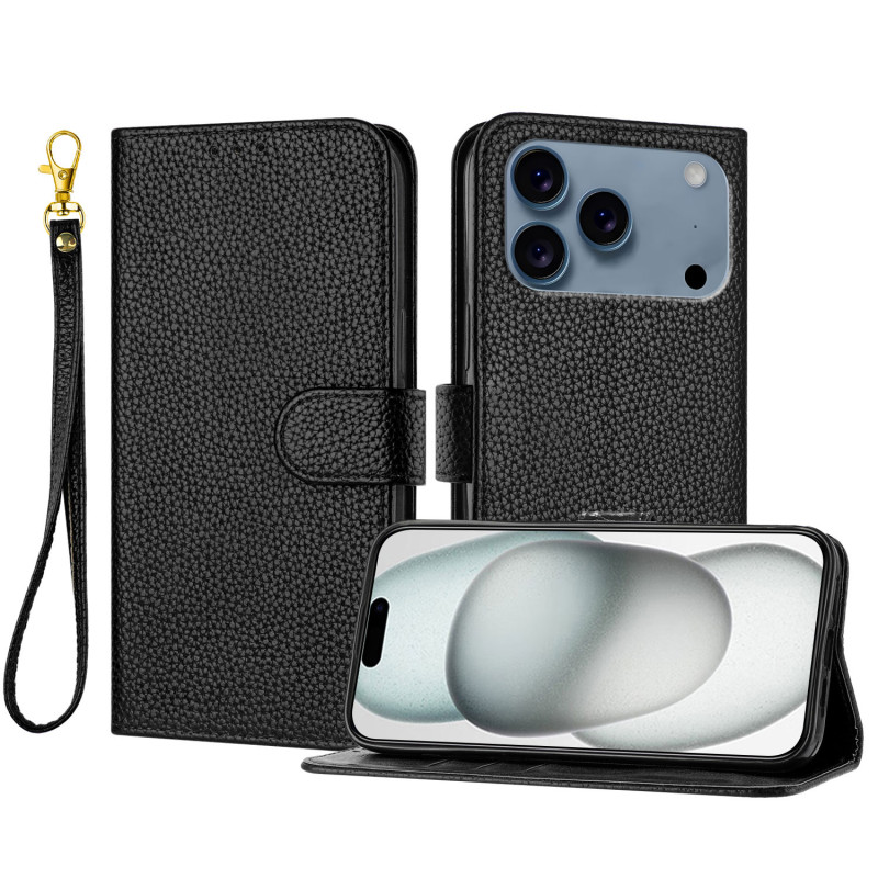 Funda para iPhone 18 Pro / 17 Pro de imitación de piel de litchi con cordón