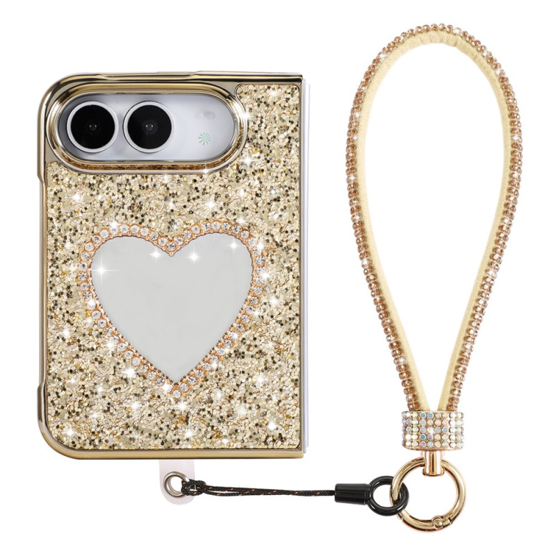 Funda para iPhone Duo con purpurina, espejo en forma de corazón y colgante con pedrería