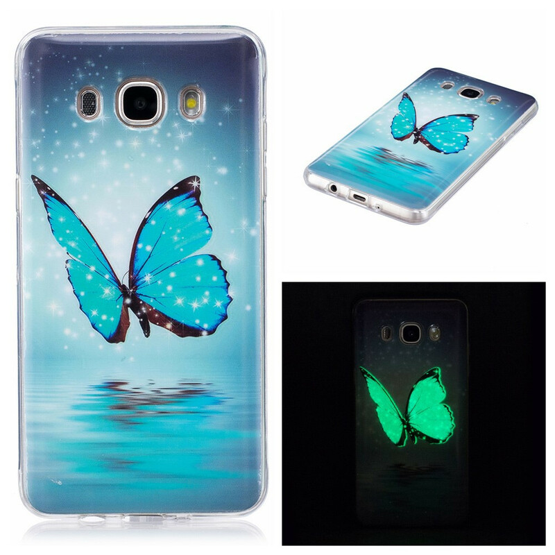 Samsung Galaxy J7 2016 Funda Mariposa Azul Fluorescente