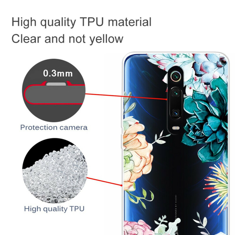 Xiaomi Mi 9T / Mi 9T Pro Funda transparente de flor de acuarela