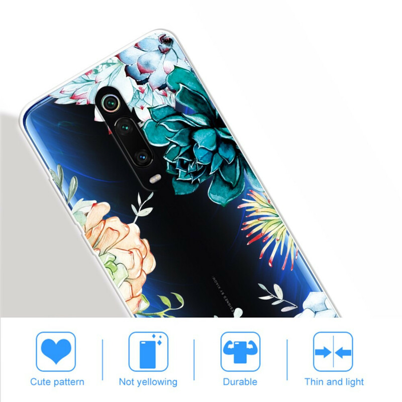 Xiaomi Mi 9T / Mi 9T Pro Funda transparente de flor de acuarela