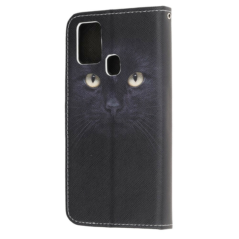 Samsung Galaxy A21s Funda negra de ojo de gato con colgante