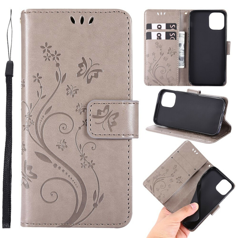 Funda iPhone 12 Mariposas y Flores Lanyard