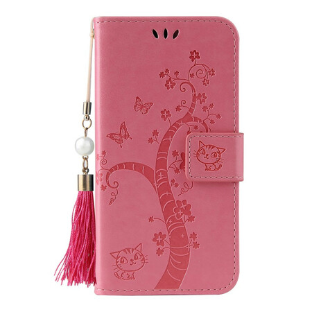Funda Samsung Galaxy A51 5G Árbol y gato con colgante de perlas