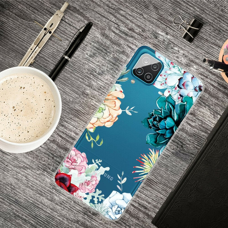 Samsung Galaxy A12 Funda de flor de acuarela transparente