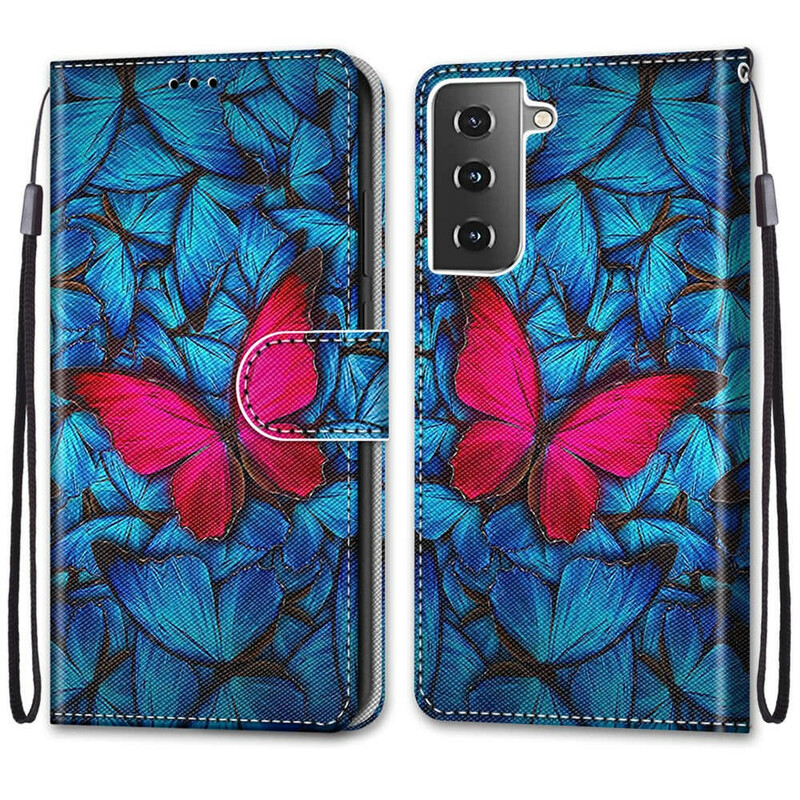 Funda Samsung Galaxy S21 5G Mariposa roja sobre fondo azul